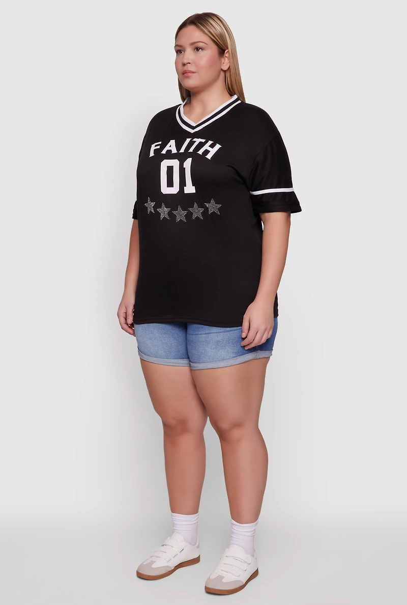 Womens Plus Size Rhinestone Star Faith Graphic T-Shirt, Black, Size 2X