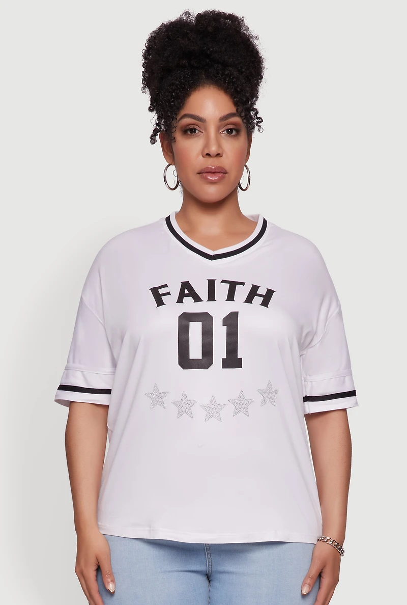 Womens Plus Size Rhinestone Star Faith Graphic T-Shirt, White, Size 4X
