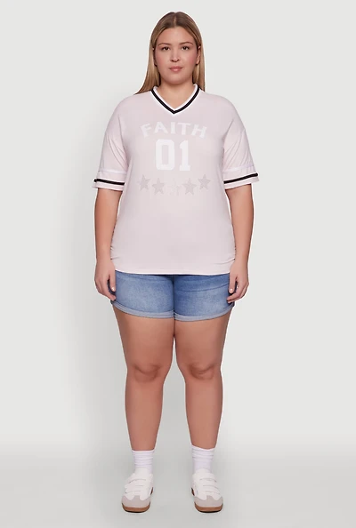 Womens Plus Rhinestone Star Faith Graphic T-Shirt,