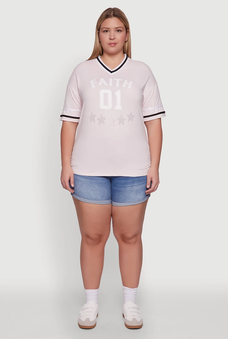 Womens Plus Size Rhinestone Star Faith Graphic T-Shirt, Pink, Size 2X