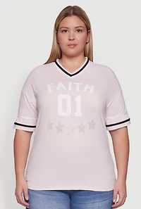 Womens Plus Size Rhinestone Star Faith Graphic T-Shirt, Pink, Size 2X