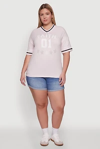 Womens Plus Size Rhinestone Star Faith Graphic T-Shirt, Pink, Size 2X