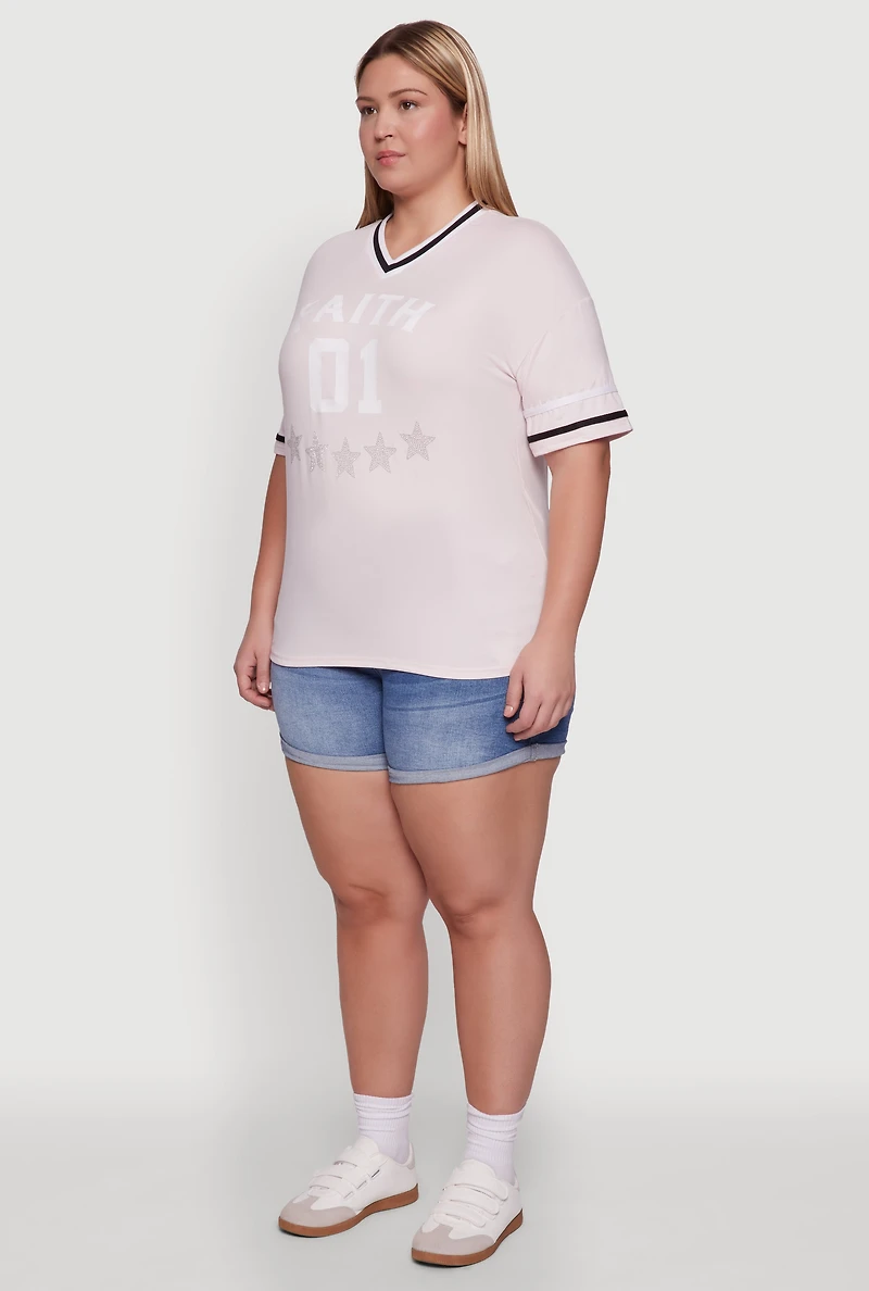 Womens Plus Size Rhinestone Star Faith Graphic T-Shirt, Pink, Size 2X
