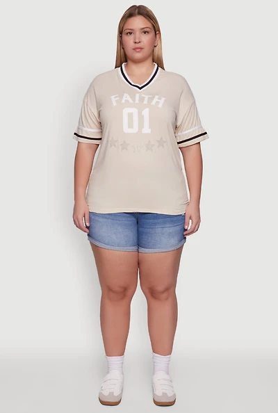 Womens Plus Rhinestone Star Faith Graphic T-Shirt,