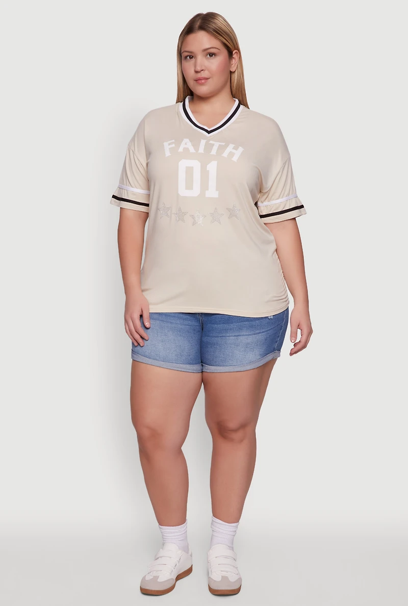 Womens Plus Rhinestone Star Faith Graphic T-Shirt,