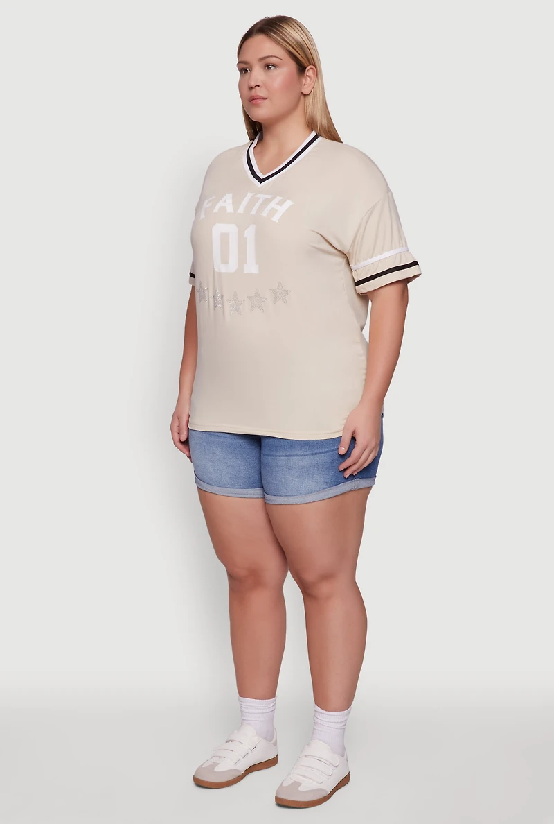Womens Plus Size Rhinestone Star Faith Graphic T-Shirt, Beige, Size 3X