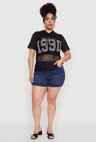 Womens Plus 1990 Graphic Hooded Short Sleeve Fishnet Top,