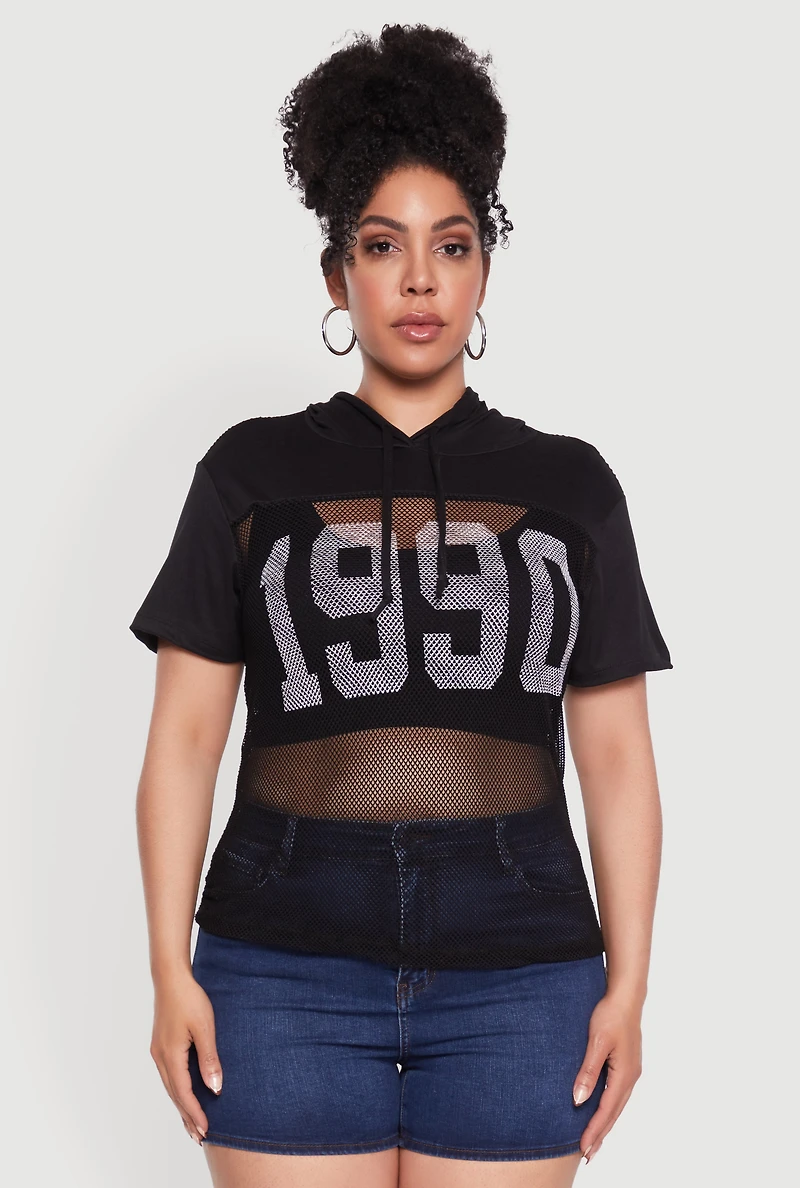Womens Plus Size 1990 Graphic Hooded Short Sleeve Fishnet Top, Black, Size 1X