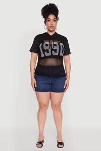 Womens Plus Size 1990 Graphic Hooded Short Sleeve Fishnet Top, Black, Size 1X