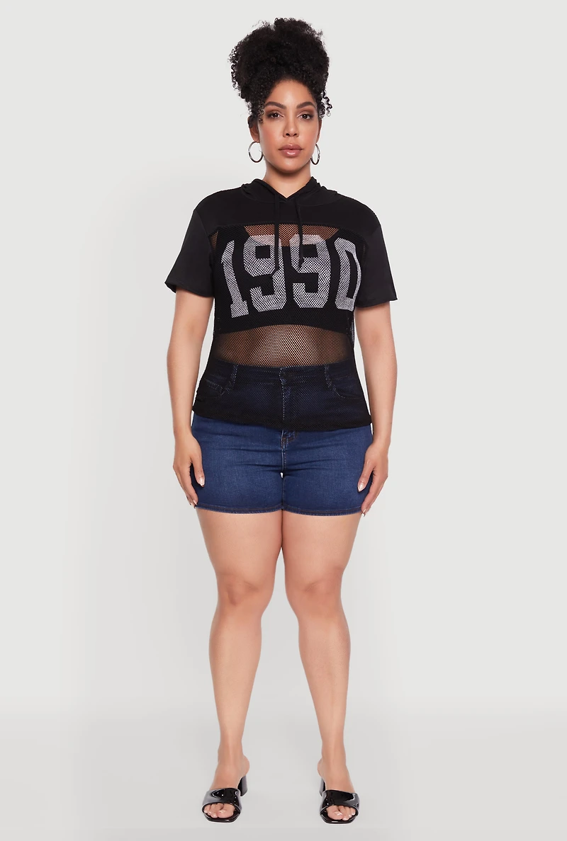 Plus 1990 Graphic Hooded Short Sleeve Fishnet Top