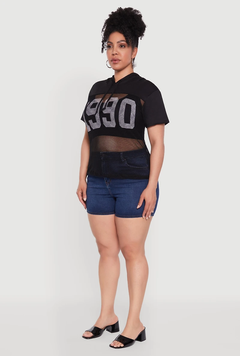 Womens Plus Size 1990 Graphic Hooded Short Sleeve Fishnet Top, Black, Size 1X