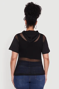Womens Plus 1990 Graphic Hooded Short Sleeve Fishnet Top,