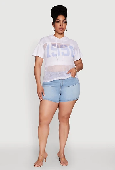 Womens Plus 1990 Graphic Hooded Short Sleeve Fishnet Top, White,
