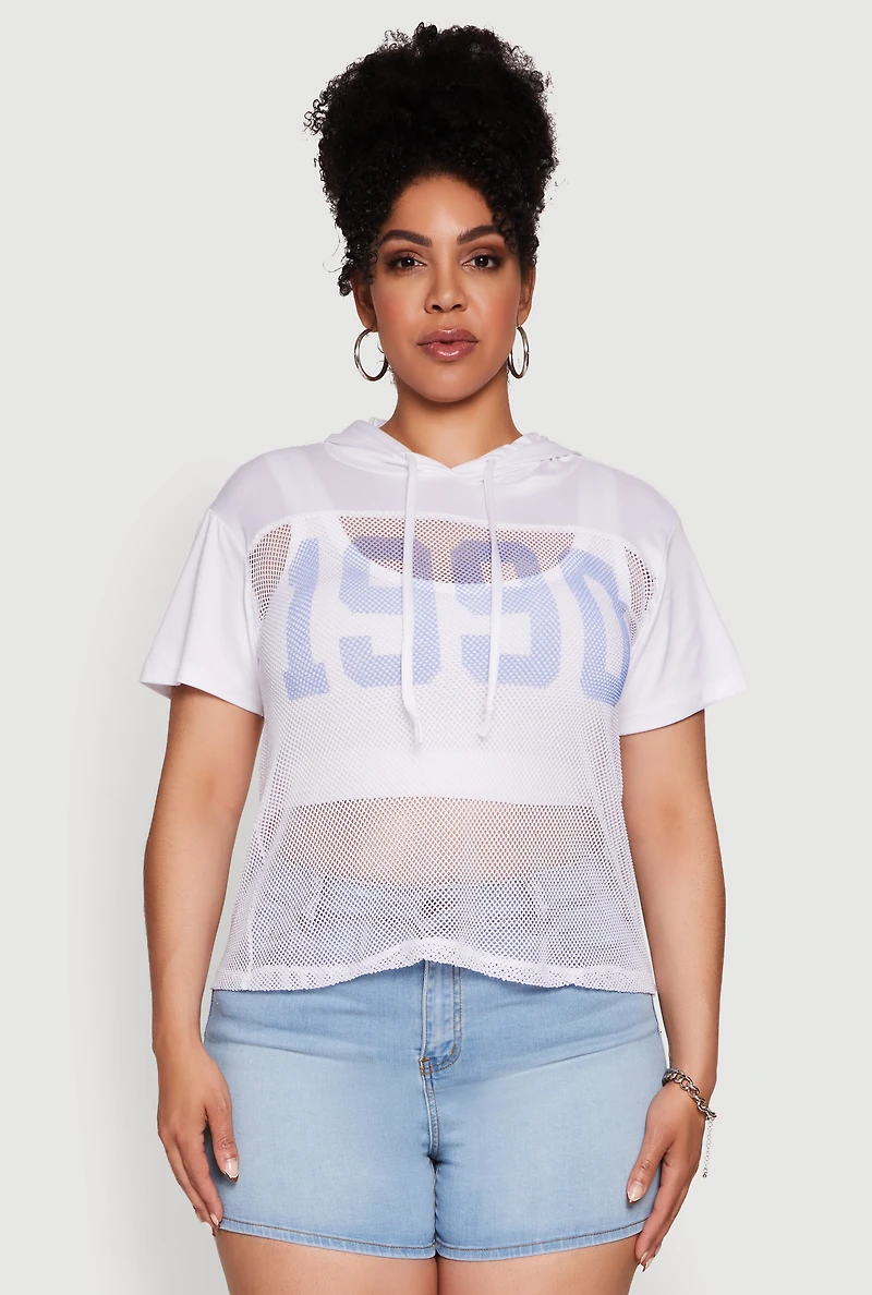 Womens Plus 1990 Graphic Hooded Short Sleeve Fishnet Top, White,