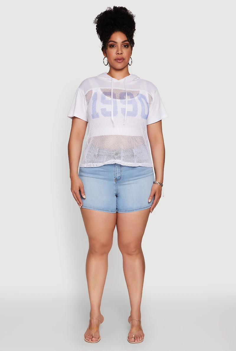 Womens Plus 1990 Graphic Hooded Short Sleeve Fishnet Top, White,