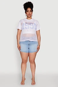 Womens Plus 1990 Graphic Hooded Short Sleeve Fishnet Top, White,