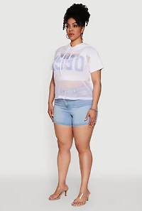 Womens Plus 1990 Graphic Hooded Short Sleeve Fishnet Top, White,