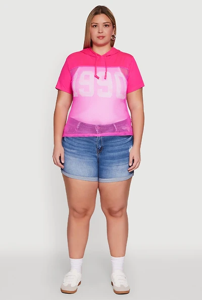 Womens Plus 1990 Graphic Hooded Short Sleeve Fishnet Top,