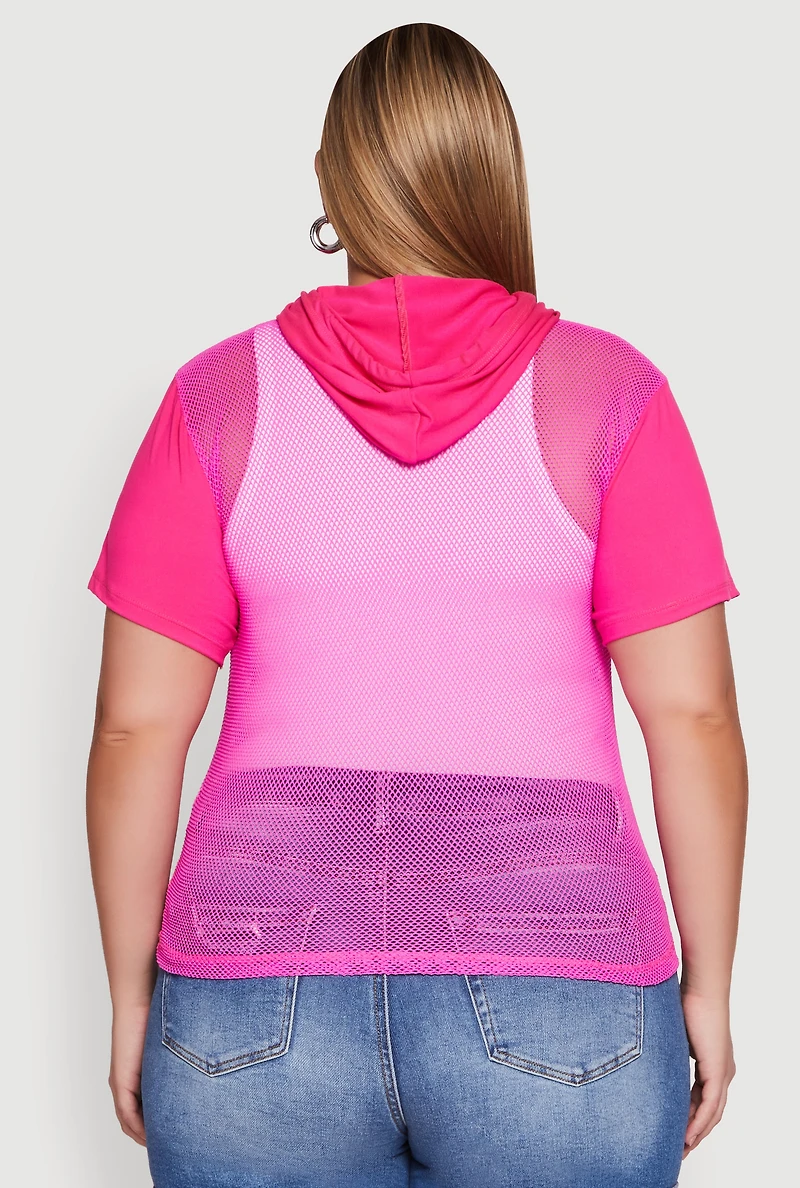 Womens Plus 1990 Graphic Hooded Short Sleeve Fishnet Top,