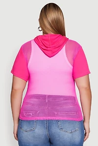 Womens Plus 1990 Graphic Hooded Short Sleeve Fishnet Top,