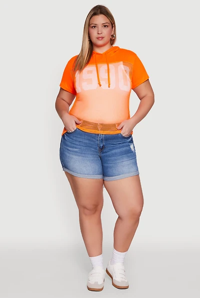 Womens Plus Size 1990 Graphic Hooded Short Sleeve Fishnet Top, Orange, Size 2X