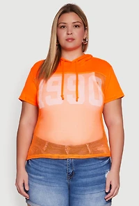 Womens Plus Size 1990 Graphic Hooded Short Sleeve Fishnet Top, Orange, Size 2X