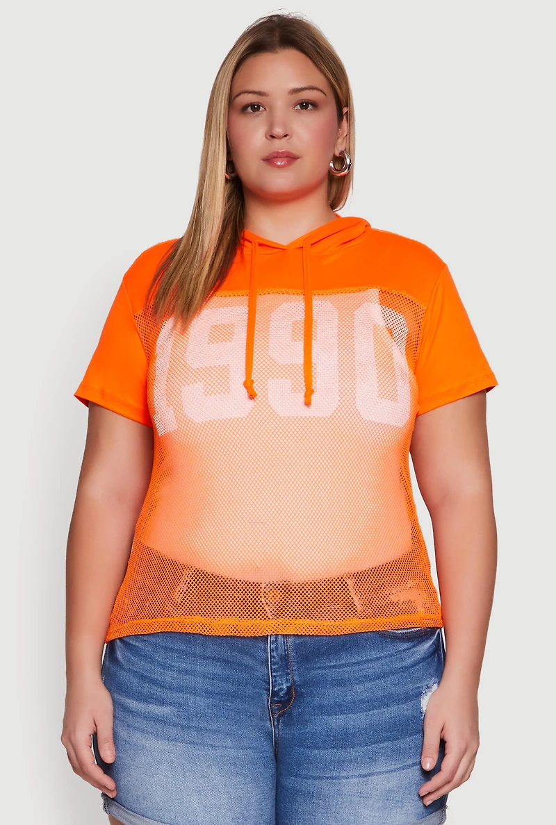 Womens Plus 1990 Graphic Hooded Short Sleeve Fishnet Top, Orange,