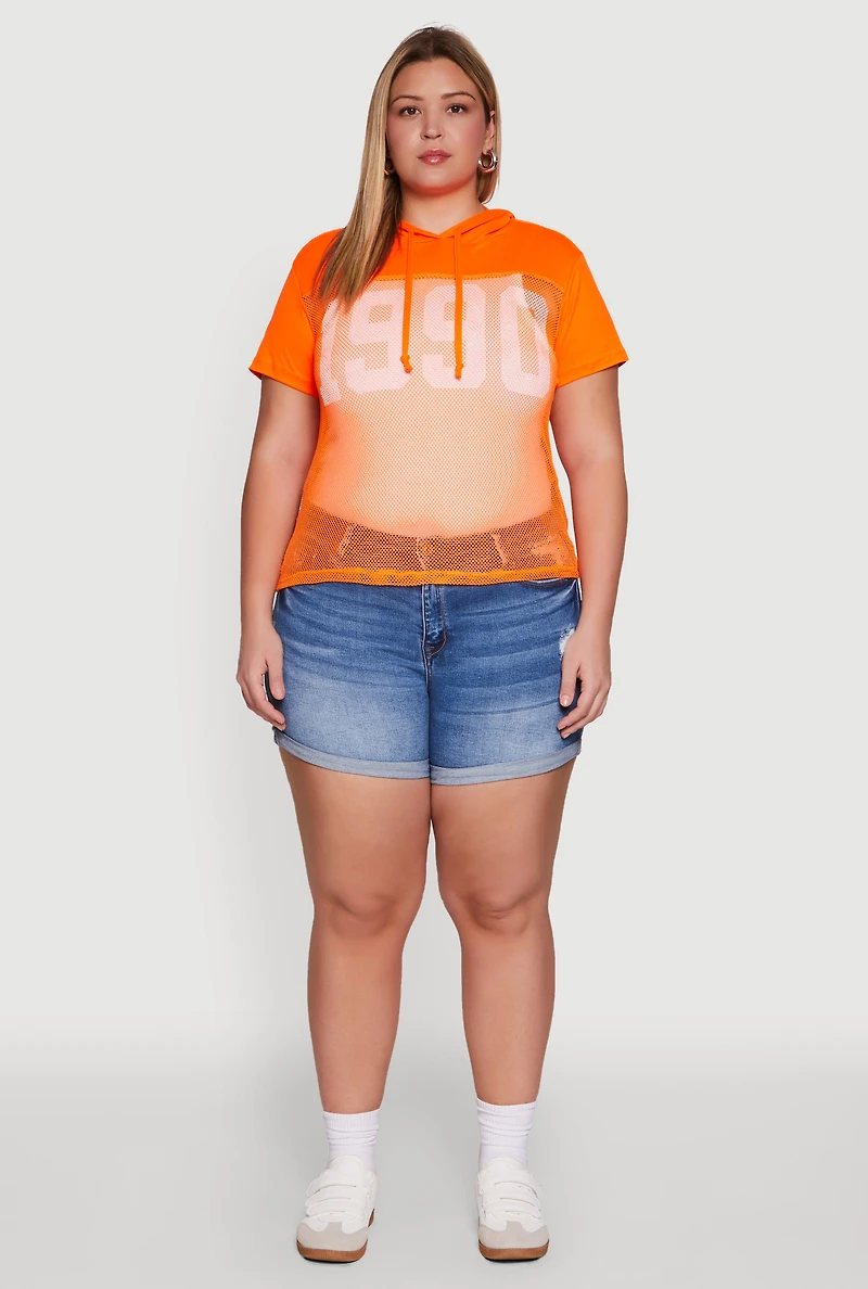 Womens Plus 1990 Graphic Hooded Short Sleeve Fishnet Top, Orange,