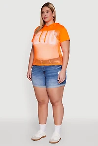 Womens Plus Size 1990 Graphic Hooded Short Sleeve Fishnet Top, Orange, Size 2X