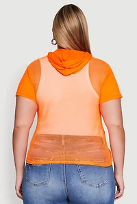 Womens Plus Size 1990 Graphic Hooded Short Sleeve Fishnet Top, Orange, Size 2X