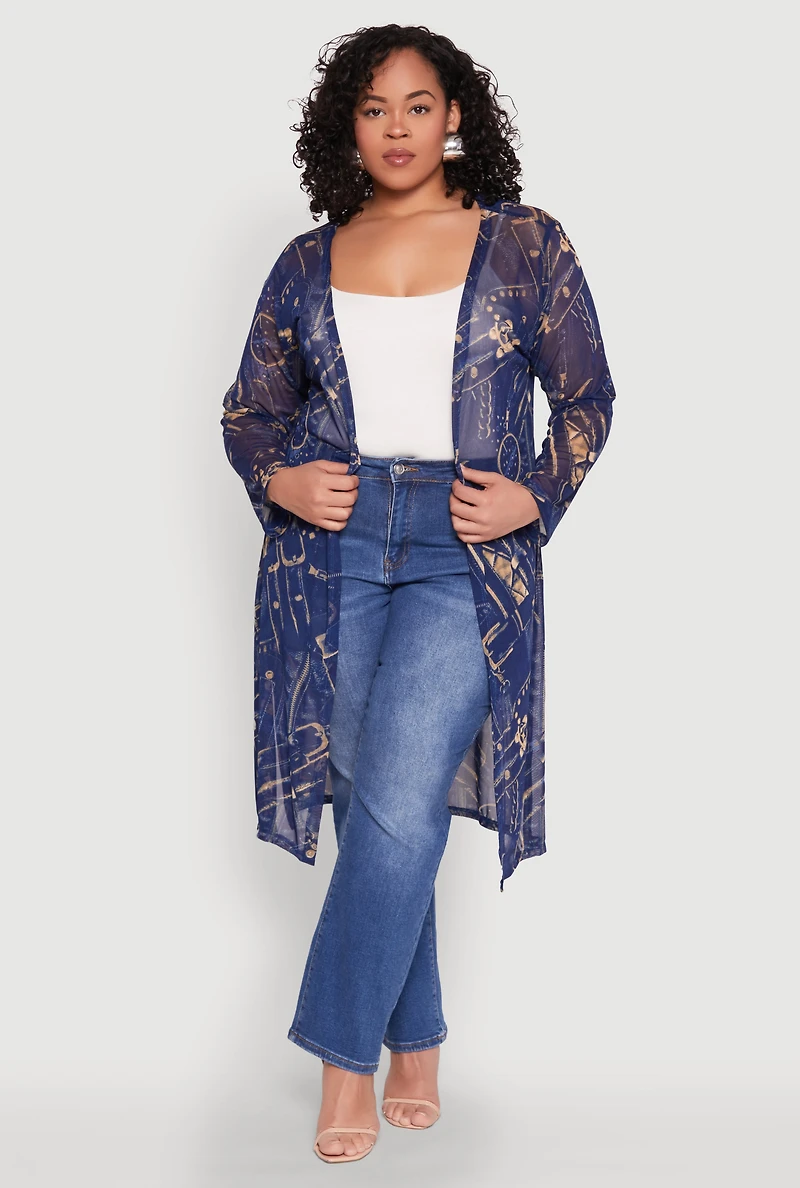 Plus Buckle Belt Print Mesh Duster