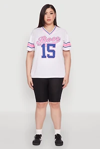Womens Plus Varsity Stripe Boss 15 Graphic Jersey, White,