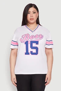Womens Plus Varsity Stripe Boss 15 Graphic Jersey, White,