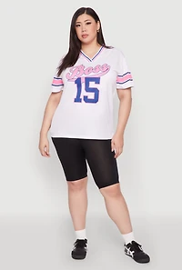Womens Plus Varsity Stripe Boss 15 Graphic Jersey, White,