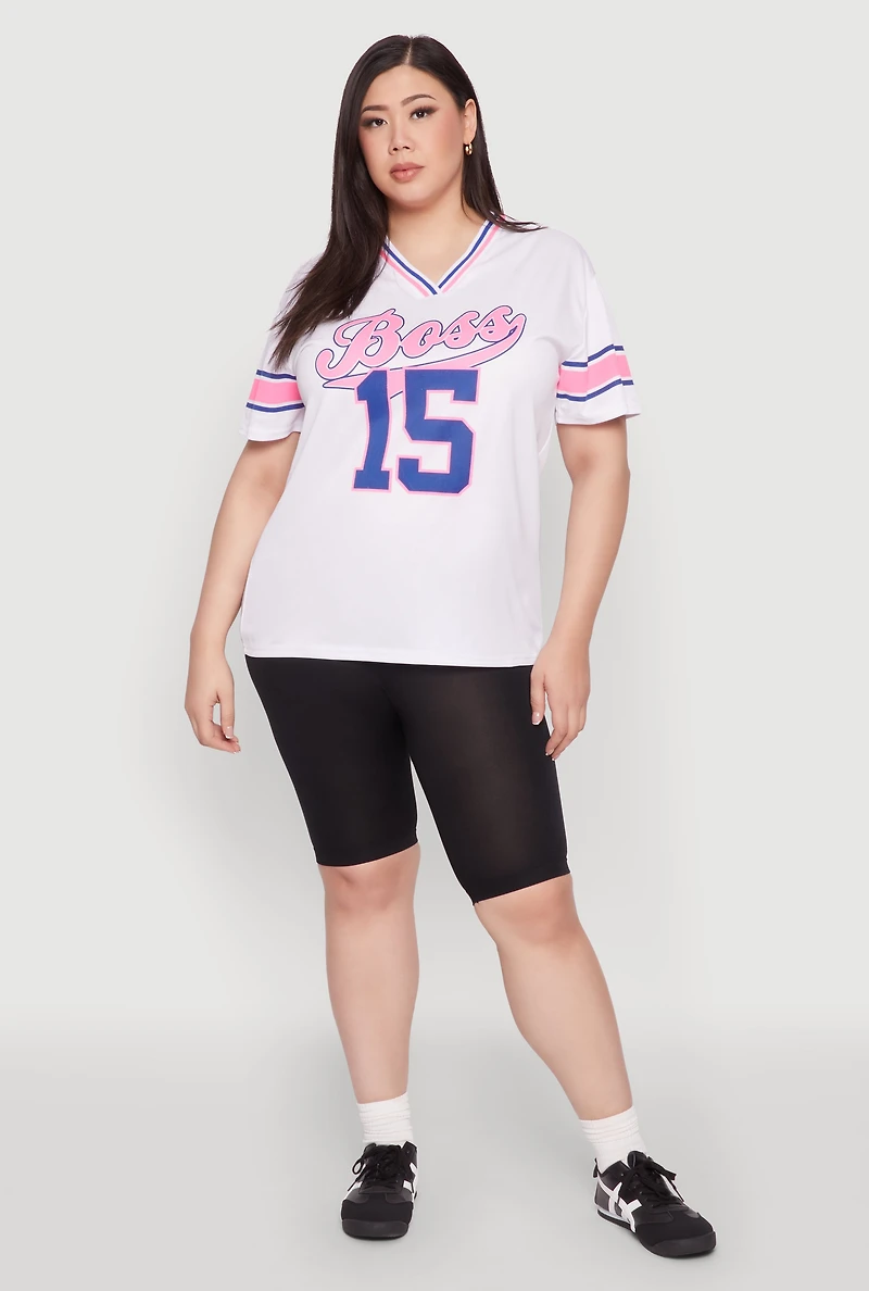 Womens Plus Size Varsity Stripe Boss 15 Graphic Jersey, White, Size 2X