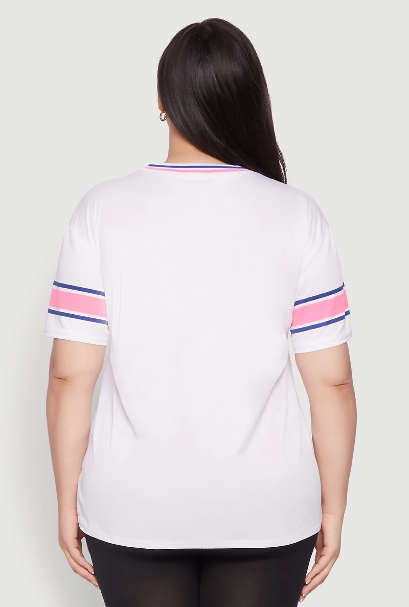 Womens Plus Size Varsity Stripe Boss 15 Graphic Jersey, White, Size 2X