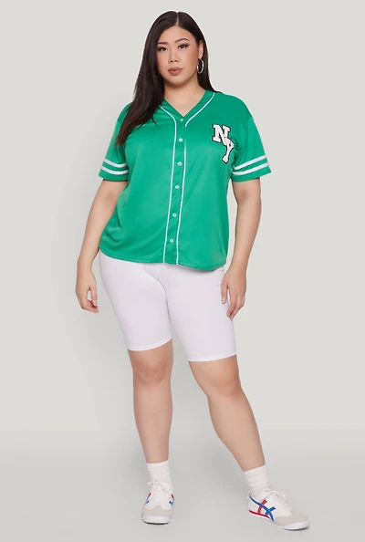Womens Plus Size New York Patch Baseball Jersey, Green, Size 3X