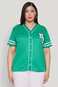 Womens Plus Size New York Patch Baseball Jersey, Green, Size 3X