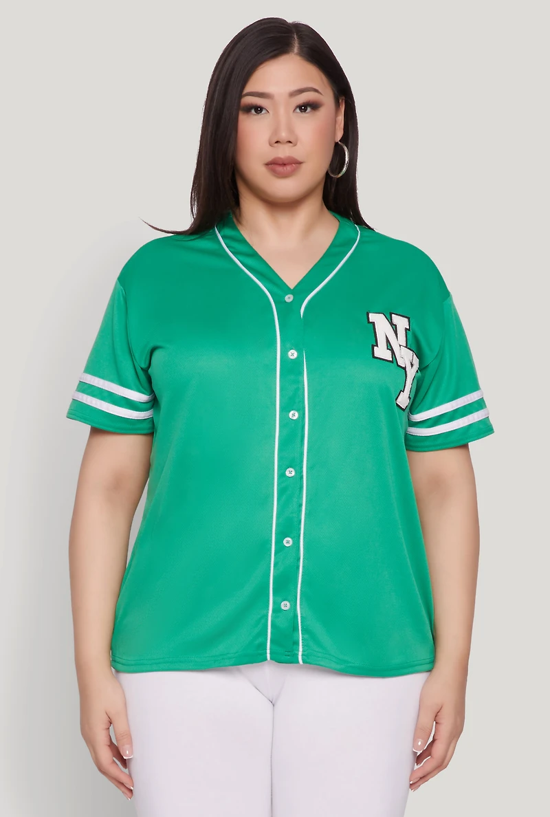 Womens Plus Size New York Patch Baseball Jersey, Green, Size 2X