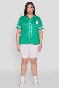 Womens Plus Size New York Patch Baseball Jersey, Green, Size 3X