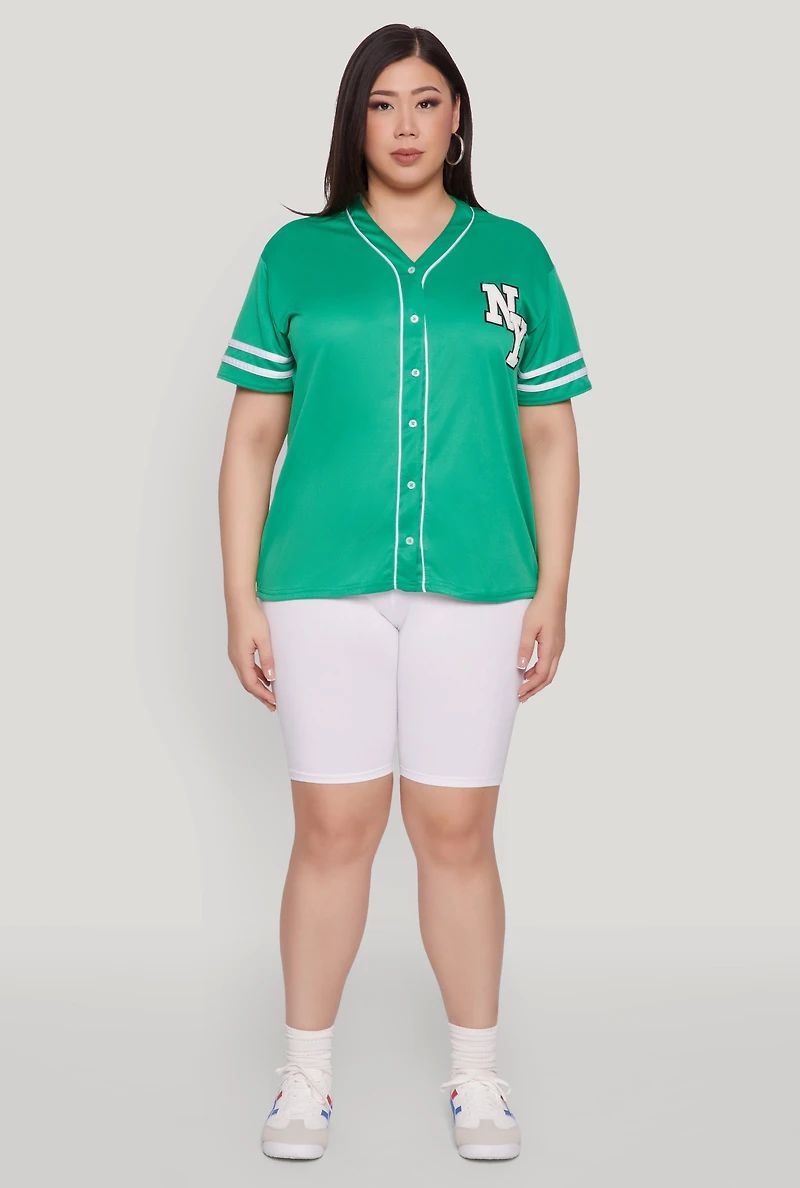 Womens Plus Size New York Patch Baseball Jersey, Green, Size 2X