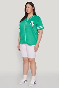 Womens Plus Size New York Patch Baseball Jersey, Green, Size 3X