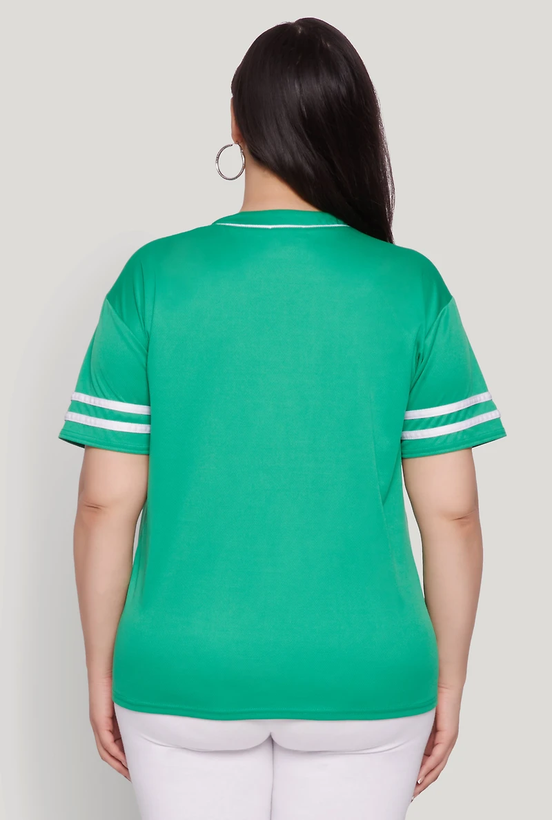 Womens Plus Size New York Patch Baseball Jersey, Green, Size 2X