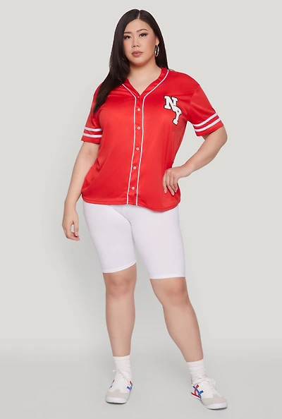 Womens Plus Size New York Patch Baseball Jersey, Red, Size 2X