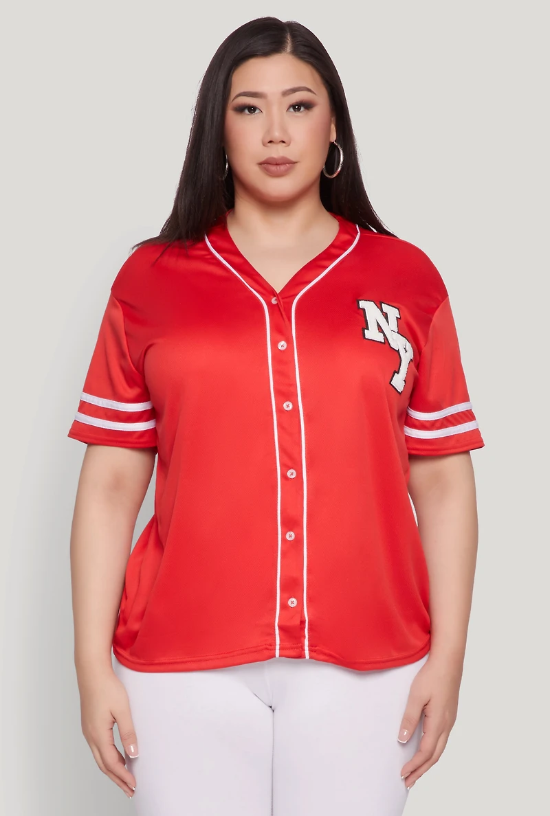 Womens Plus Size New York Patch Baseball Jersey, Red, Size 2X
