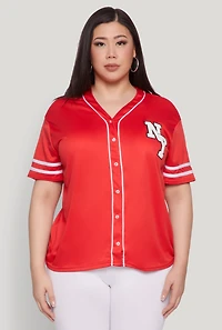 Womens Plus Size New York Patch Baseball Jersey, Red, Size 2X