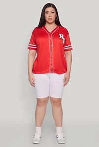 Womens Plus Size New York Patch Baseball Jersey, Red, Size 2X
