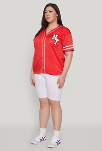 Womens Plus Size New York Patch Baseball Jersey, Red, Size 2X