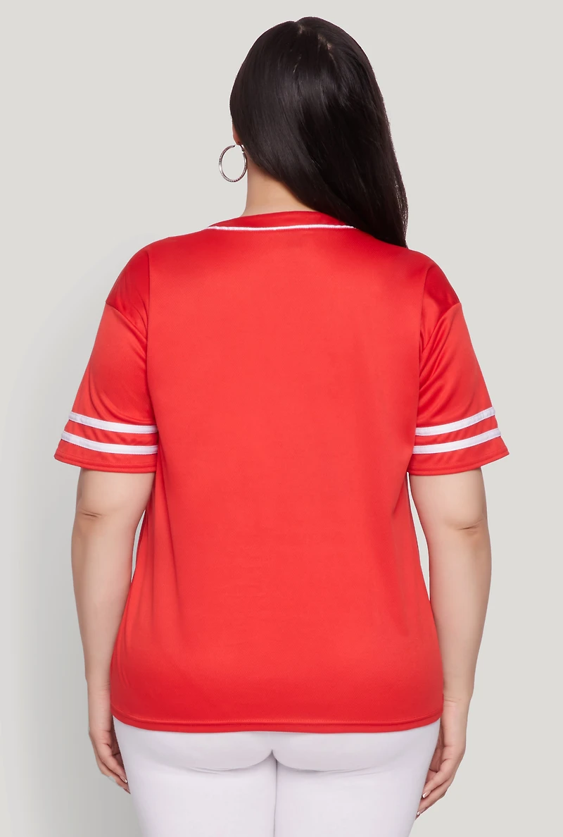 Womens Plus Size New York Patch Baseball Jersey, Red, Size 2X