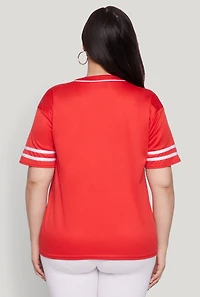 Womens Plus Size New York Patch Baseball Jersey, Red, Size 2X